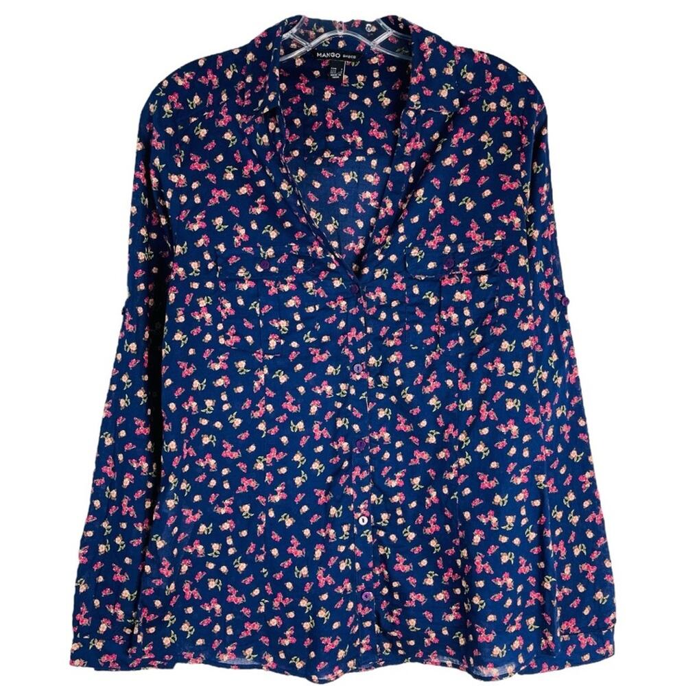 Mango blue pink floral lightweight cottagecore button down shirt top small